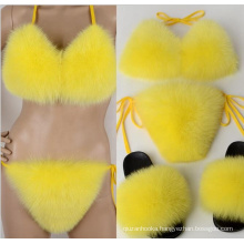New Fashion Women's Real Fox Fur Bikini Bra Slippers Summer Beach Underwear Detachable Thick Fluffy Genuine Fur Bikini Set
